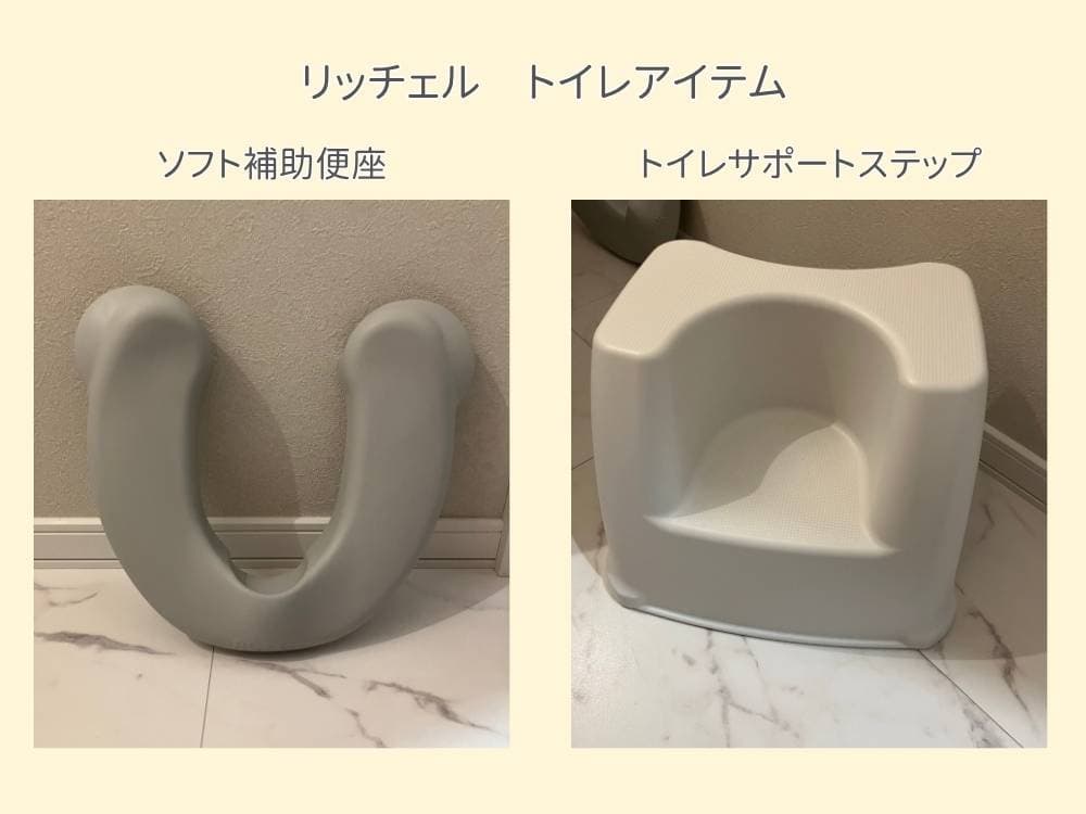 リッチェルのトイトレグッズ「ソフト補助便座（グレー）と「トイレサポートステップ(踏み台)」を並べたレビュー紹介画像