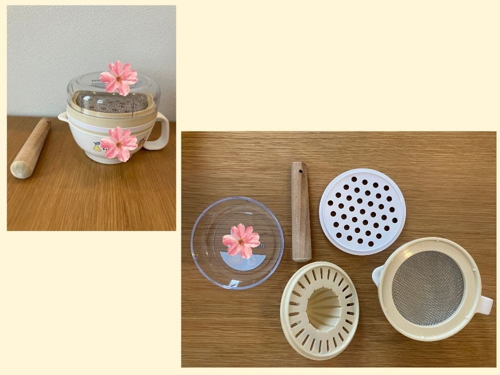 すり鉢や絞り器、裏ごし器などがついた調理セット。一つにまとめて片づけられる。
