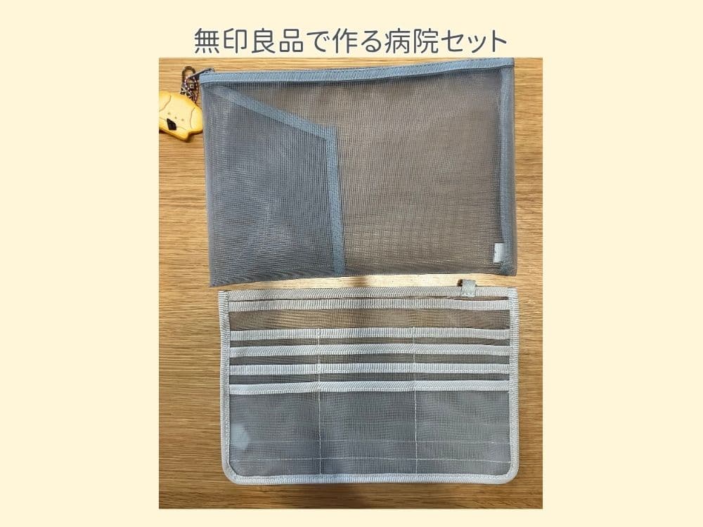 無印良品のメッシュケースと母子手帳ケース用リフィルで作る病院セットの写真